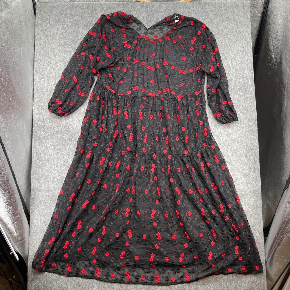 Zara Dress Womens XXL Black Red Floral Embroidered Mesh Tiered Midi Smock Dress
